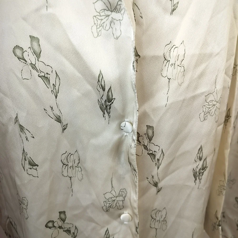 Womens Floral Satin Pajama Set Large Sleepwear Olive Green Shirt Pants
